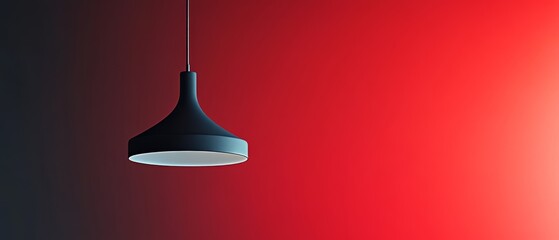 A sleek black hanging lamp illuminates a gradient background of deep red and dark hues, creating a modern and minimalist ambiance.