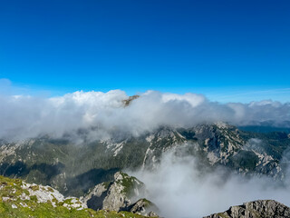 Rugged mountain peak Vrtaca seen from Begunjscica, Loibl Pass, Karawanks, Slovenia Austria....