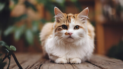 Obraz premium Curious Calico: A charming calico cat with captivating green eyes gazes intently at the camera, showcasing its fluffy fur and playful personality.