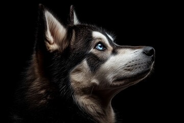 Obraz premium A black and white photo of a dog with blue eyes