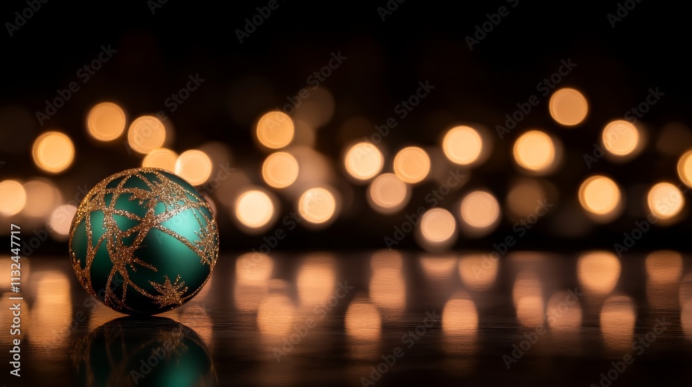 Poster A close-up view showcases a green and gold ornament, shaped like a globe, resting on a reflective surface with faint holiday lights in the backdrop