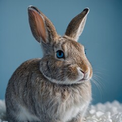 Fototapeta premium Prompt: A close-up portrait of a rabbit with crystal-clear blue eyes, sitting against a gradient background of soft white and blue hues.