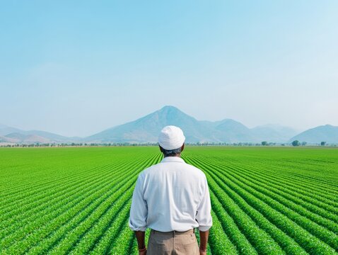 Proud Indian Farmer in Vibrant Field with Mountains Agricultural Transformation and Sustainability