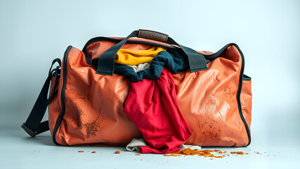 Naklejka premium Sweaty gym bag overflowing with dirty clothes, visible stink lines, minimalist backdrop. Generative AI