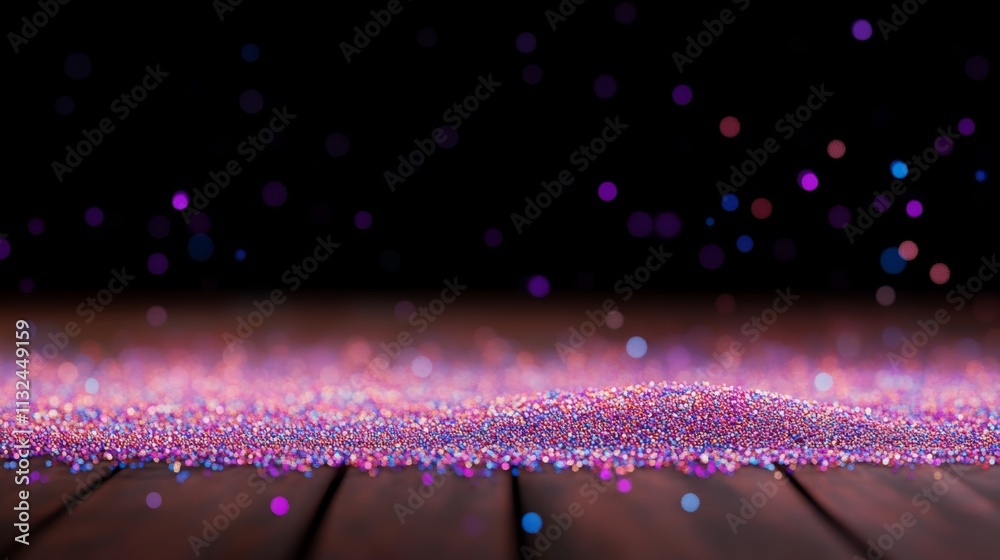 Poster Colorful particles move dynamically across a dark background, creating a vibrant flow perfect for modern design projects and artistic applications