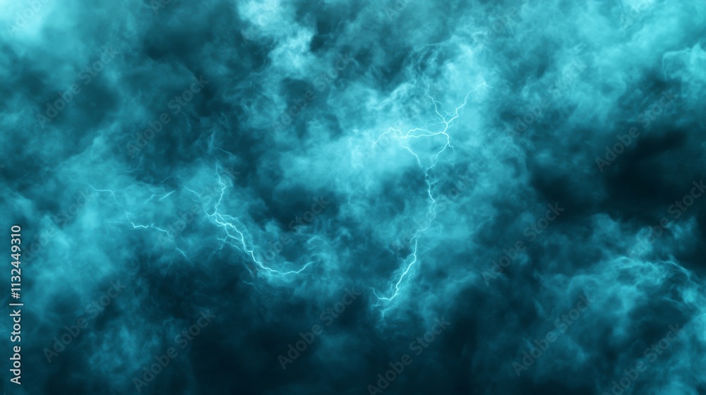 Poster A bright flash of lightning cuts through dark, turbulent storm clouds at night, creating a striking visual effect with dramatic contrast and ample space for text