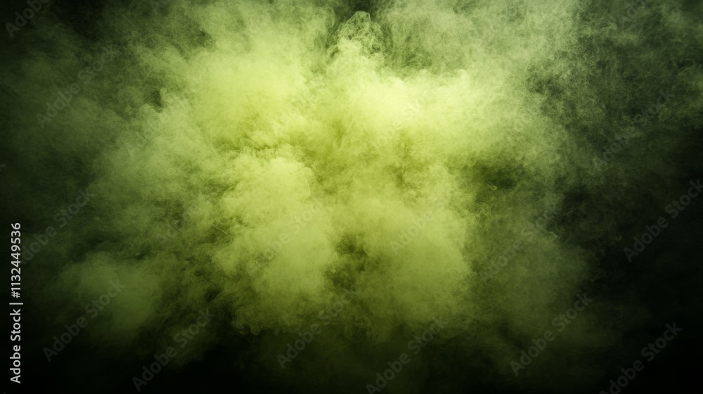 Poster A vivid explosion of green smoke blooms in a dark setting, showcasing swirling textures and a dynamic visual. Ideal for creative projects needing copy space