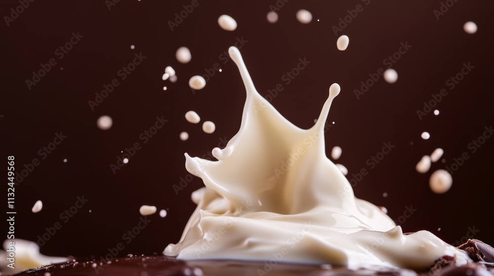 Poster a dynamic close-up captures a single milk splash frozen in mid-air, contrasted against a dark chocol