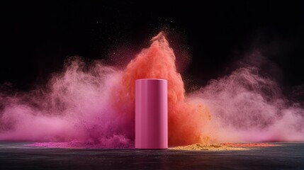 A pink aerosol can releases a stunning array of multicolored powders into the air, creating a dazzling visual effect against a plain background with ample copy space