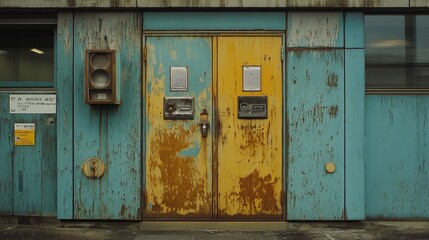 Rusted Double Doors on Weathered Teal Building