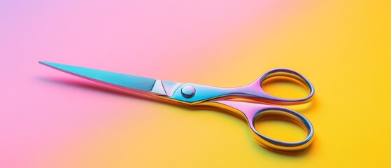 A vibrant pair of scissors rests on a colorful gradient background, showcasing a modern design with sleek lines and playful hues.