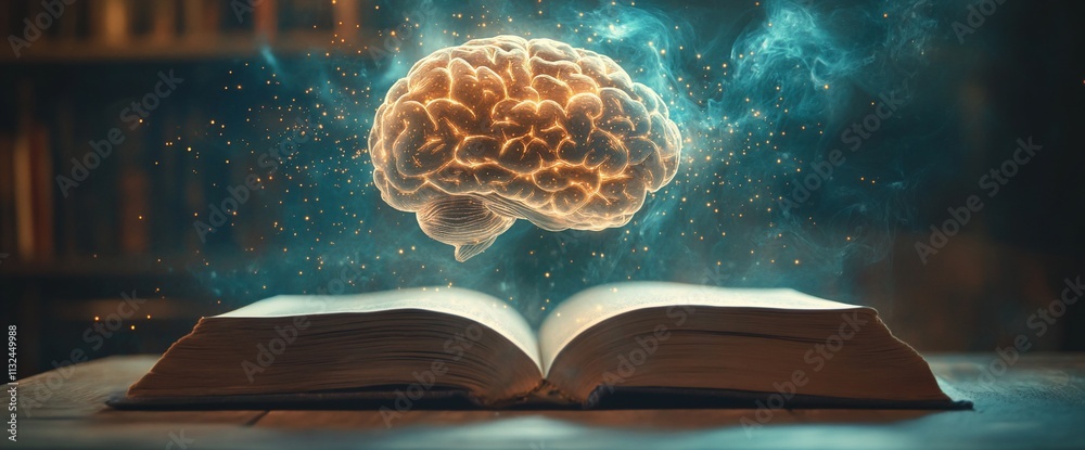 Poster An open book with a brain hovering above, symbolizing knowledge and learning.