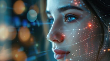 Futuristic facial scanning technology in urban environment showcasing advanced data visualization