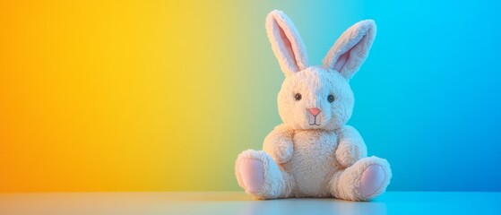 Obraz premium A soft, plush bunny sits against a vibrant gradient background of blue and yellow, creating a cheerful and playful atmosphere.