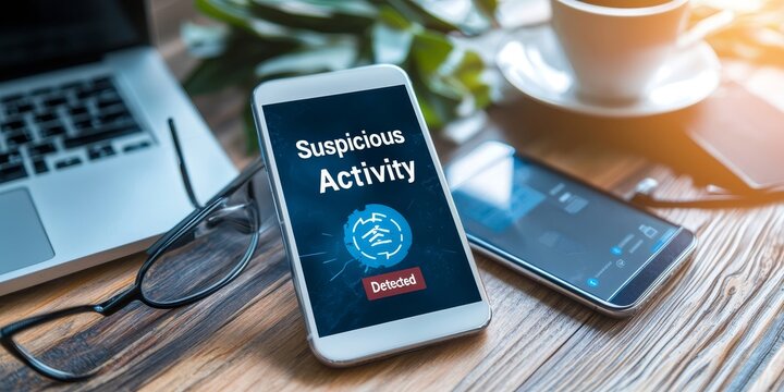 scam protection alert concept. Mobile phone displaying a warning about suspicious activity on a desk.