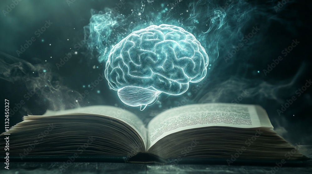 Poster an open book with a glowing brain above, symbolizing knowledge and thought.