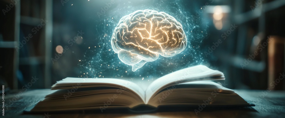 Poster An open book with a glowing brain above, symbolizing knowledge and learning.