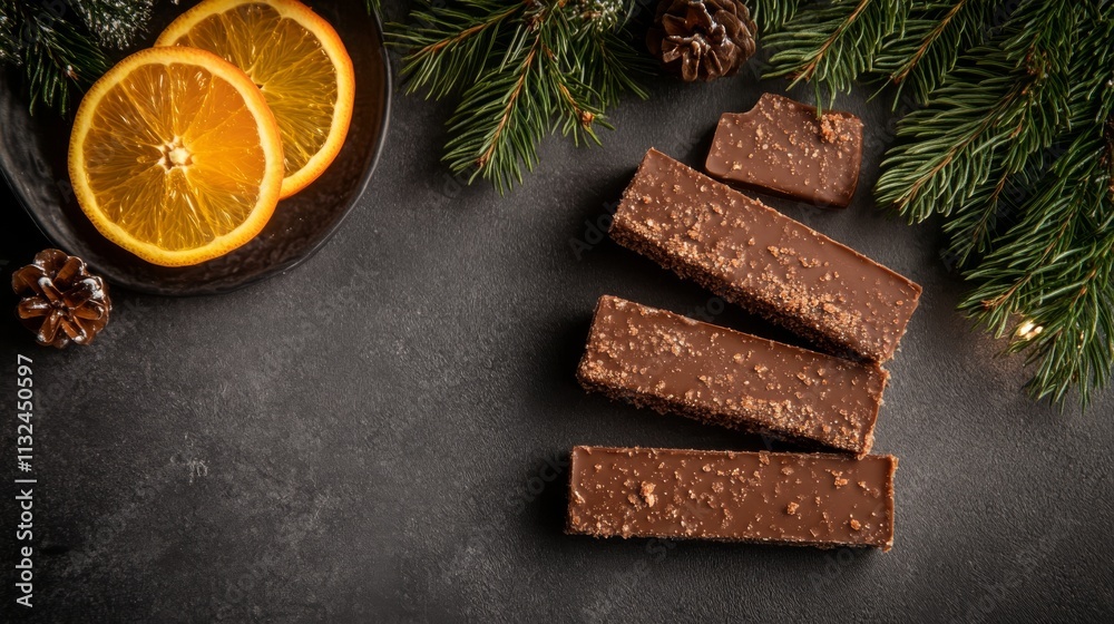 Poster chocolate bars and slices of orange are beautifully arranged with pine branches, creating a warm and