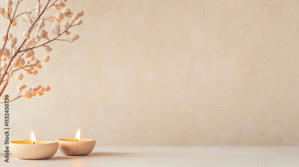 Poster minimalist serenity with glowing candles and dried branch on soft beige background