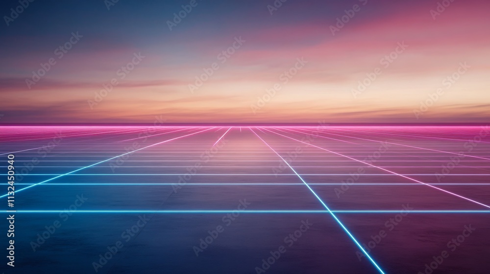 Poster A glowing digital grid features intersecting blue and pink lines, creating a 3D perspective in a clean and geometric style, suggesting a sense of innovation