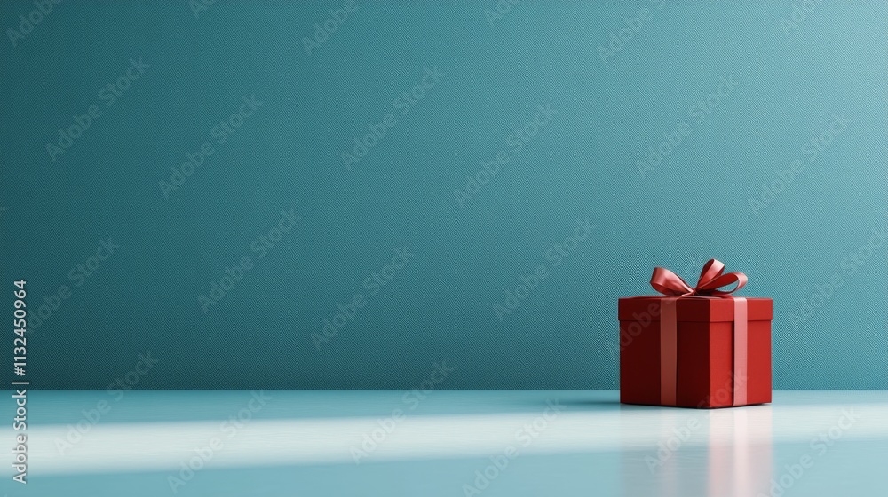 Poster a vibrant red gift box adorned with a satin ribbon rests on a shiny white surface, set against a sof