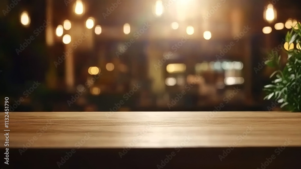 Aufkleber wooden table in sharp focus highlights a cozy coffee shop with warm lighting and soft decor in the b