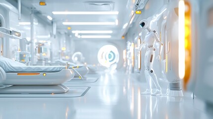 Fototapeta premium Healthcare and Telemedicine and Virtual Care Concept. Futuristic Medical Facility with Robot Assistance