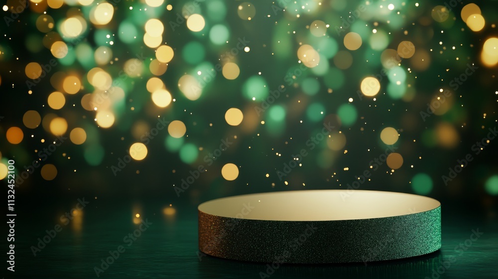 Poster a floating podium is surrounded by a glowing emerald forest where soft snowflakes fall. twinkling fa