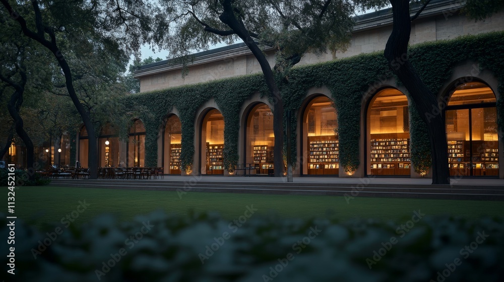 Poster Luminous arched windows on a charming building facade are surrounded by ivy and greenery, creating a magical twilight setting that evokes mystery and fascination