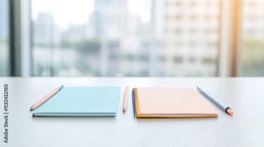 Poster minimalist workspace with pastel notebooks and pens in soft daylight
