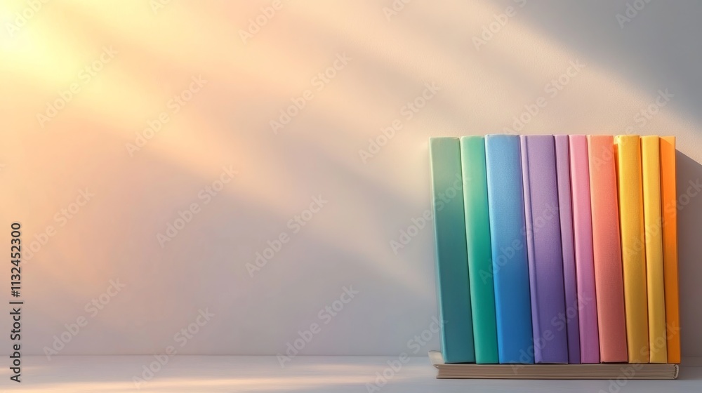 Poster a neat stack of colorful books rests on a wooden table in a bright and minimalist room filled with s