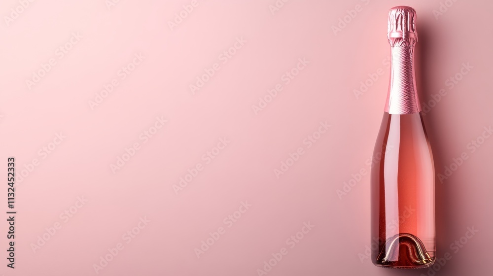 Poster a bottle of champagne stands upright against a soft pastel background, capturing the light to accent