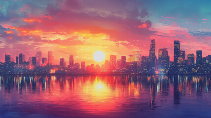 Fototapeta premium Romantic Cityscape Evening Skyline with Sunset Background Captivating Urban Landscape for Travel and Lifestyle Photography, Perfect for Marketing and Advertising Projects