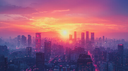 Fototapeta premium Romantic cityscape evening with sunset background featuring vibrant colors, soft lighting, and urban architecture for stunning visual storytelling and emotional connection in photography