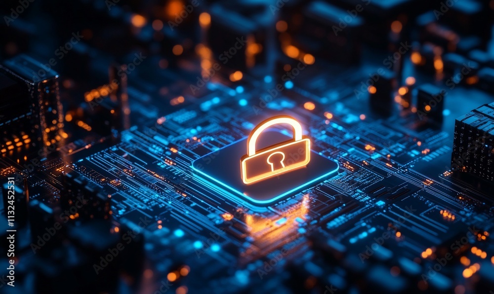 Poster digital lock symbol on a circuit board, representing cybersecurity.