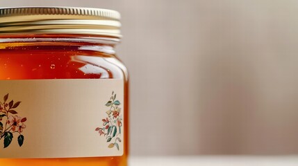 A close-up shot of a jar of organic honey featuring a gleaming amber color, with an elegantly designed label displaying floral motifs and earthy tones. The jar sits isolated against a soft, neutral