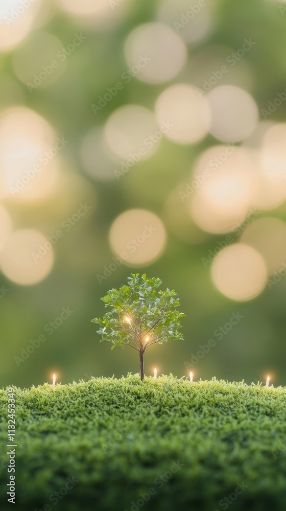 Poster Tranquil Eco-Friendly Setting Illuminated Sapling on Lush Greenery with Soft Bokeh Background