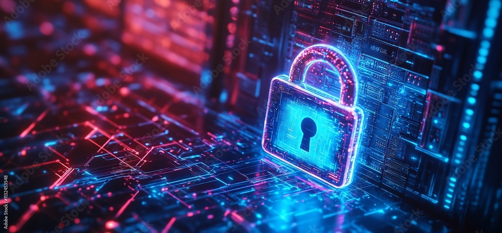 Poster Digital lock symbolizing cybersecurity and data protection in a tech environment.