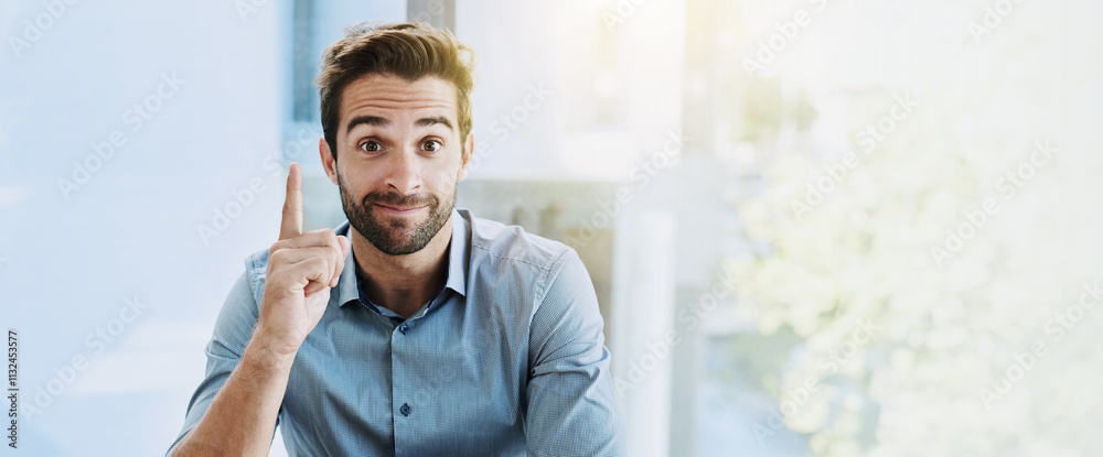Poster man, portrait and eureka in office for business, career development and good idea in banner. person,