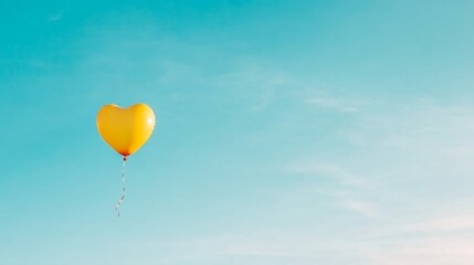 Fototapeta premium A red heart-shaped balloon floats against a pale blue sky, its ribbon drifting downwards, creating a sense of movement and celebrating romance