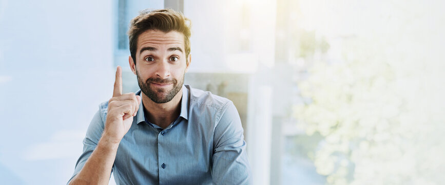 Man, portrait and eureka in office for business, career development and good idea in banner. Person, thinking and gesture at space for problem solving, brainstorming and decision in Italy workplace
