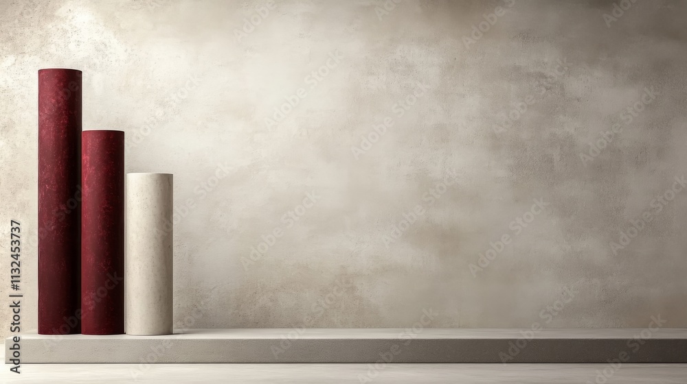 Leinwandbilder frontal view showcases a minimalist setup with large burgundy cylinders on a flat grey base, creatin