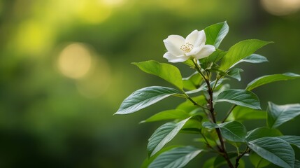A white flowering bush stands tall in a sunlit meadow, showcasing delicate blooms and vibrant leaves amid the soft blur of greenery behind, offering space for text