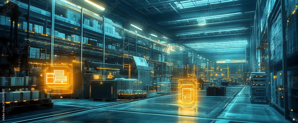 Poster futuristic warehouse with digital inventory management and automated systems.