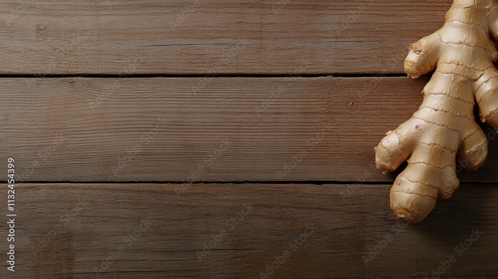 Poster A ginger root rests gracefully on a wooden surface, showcasing its earthy tones and unique texture, illuminated by soft shadows and open space