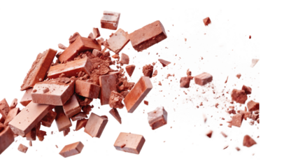 Flying pieces and powder of broken red brick on white background.AI GENERATED