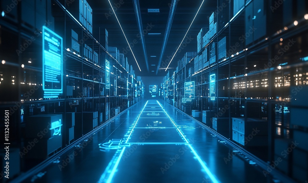 Poster futuristic warehouse with glowing pathways and digital interfaces.
