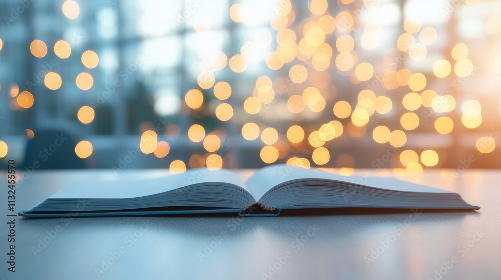 Poster Open Book with Soft Bokeh Lights in Pastel Minimalist Setting