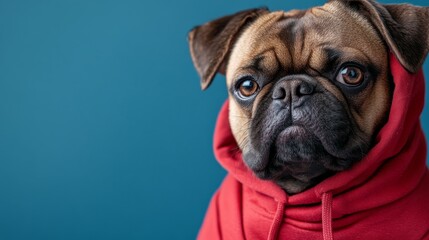Obraz premium A fashionable dog wears a bright hoodie while sitting against a clean blue backdrop, exuding a playful charm with sharp focus on its expressive features