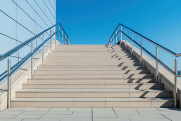 Staircase leading to modern building under clear blue sky, showcasing clean lines and architectural design